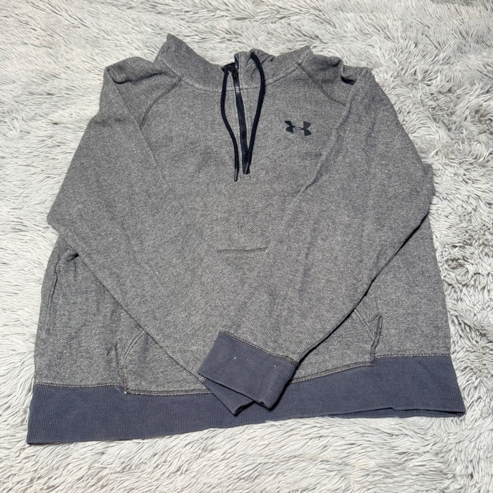 Under Armour Mens Grey Herringbone Quarter Zip Pullover Hoodie Loose‎ Fit Large